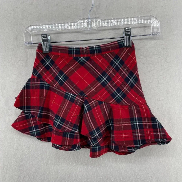 H&M Skirt Girls Sz 4-6Y Red Checkered Ruffles Stretch Mini High Waist Layered - Picture 1 of 7